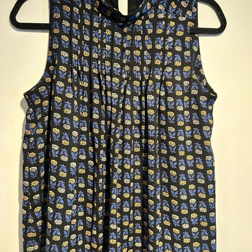 Ann Taylor Black Tank with Blue and Gold Floral Design
